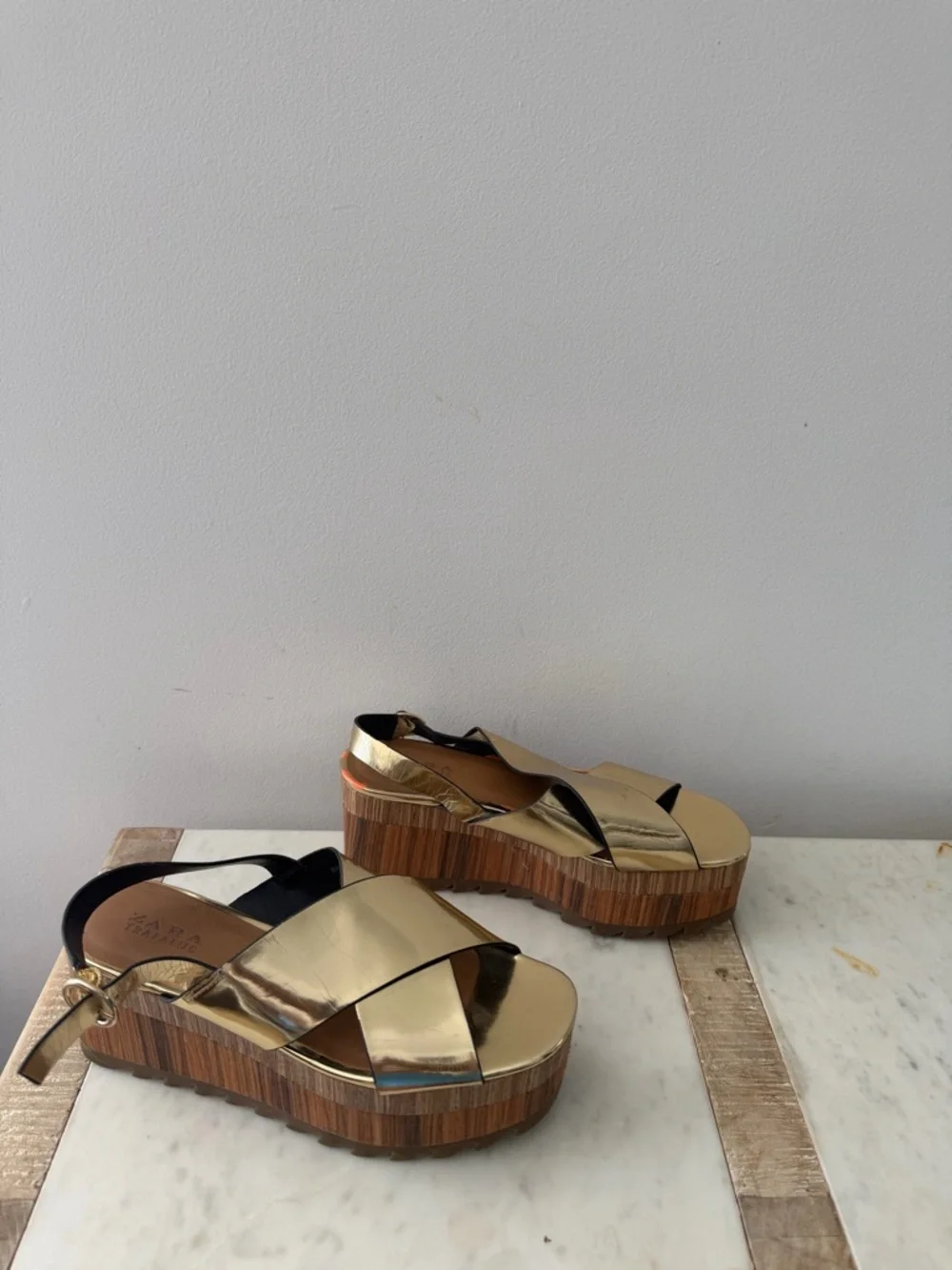 Zara Metallic Gold Platform Crisscross Sandals